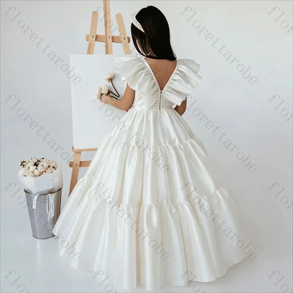Customized White Satin Flower Girl Dress Floor Length Ball Gown V Neck Ruffle Cap Sleeve Tiered Lace Trim Wedding Kids Party