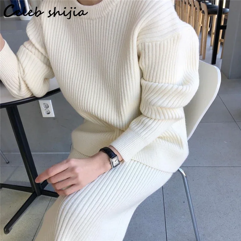 Chic White Knitted Dress Sets Woman Loose O-neck Sweater and High Waist Skirts Female Korean Autumn Winter Elegant 2 Piece Sets