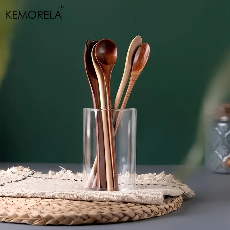 5PCS Natural Wooden Dessert Spoons 7.8 Inch Long Handle Eco-Friendly Dishwasher Safe for Coffee Ice Cream Tableware