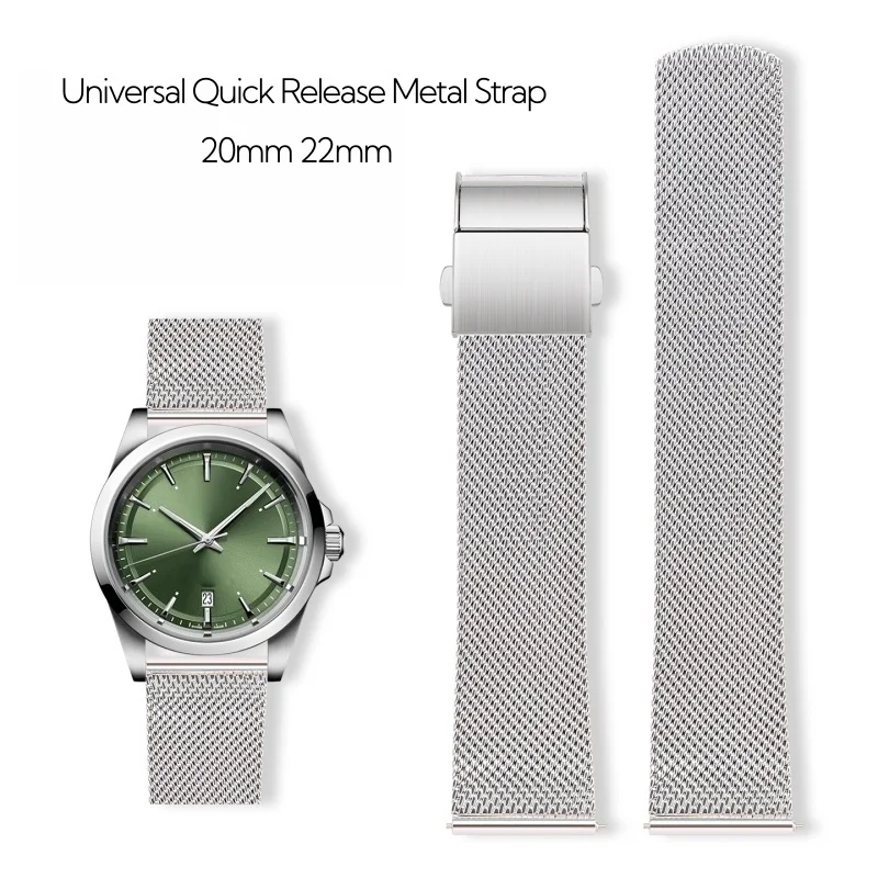 20mm 22mm Universal Quick Release Watch Band Classic Silver Milanese Solid 316 Stainless Steel Bracelet Integrated Clasp