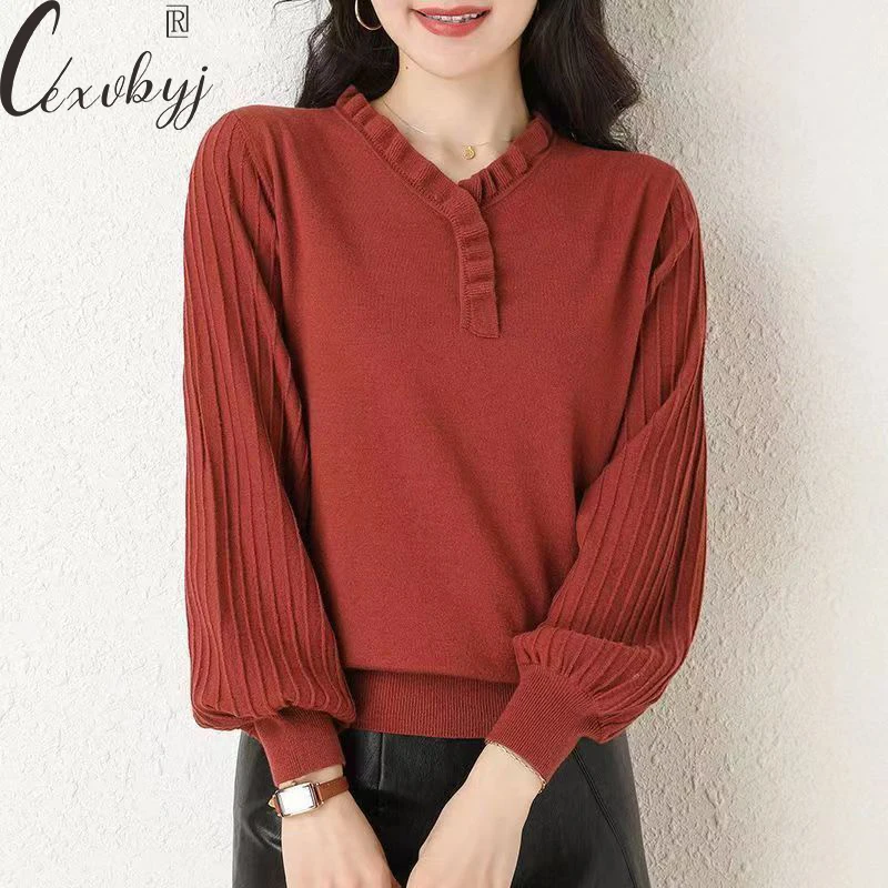 

Lantern Sleeve Sweater Women Ruffles V-Neck Knitted Pullover All-Match Casual Solid Colors Bottoming Loose Sweater Oversized Top