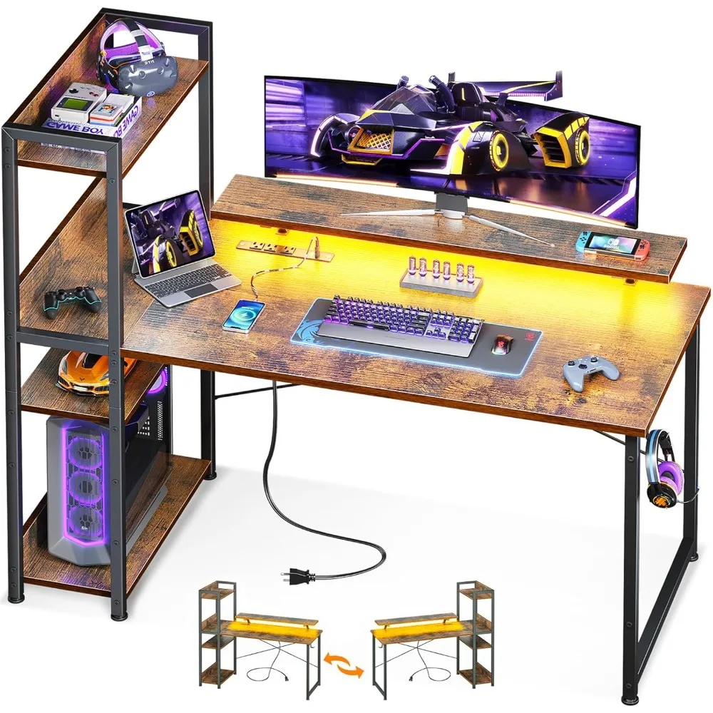 

ODK Reversible Gaming Desk with Power Outlets and LED Lights, 48 Inch Computer Desk with Storage Shelves and Monitor Stand