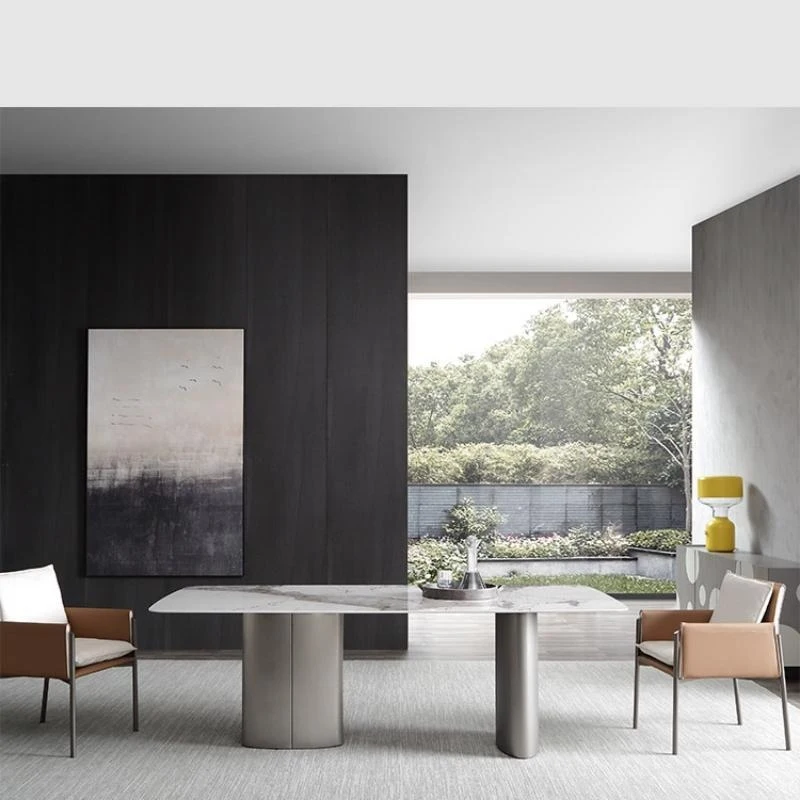 

Italian Minimalist Round Barrel Stand Rock Slab With Glossy Marble Surface, Rectangular Modern Simple Dining Table