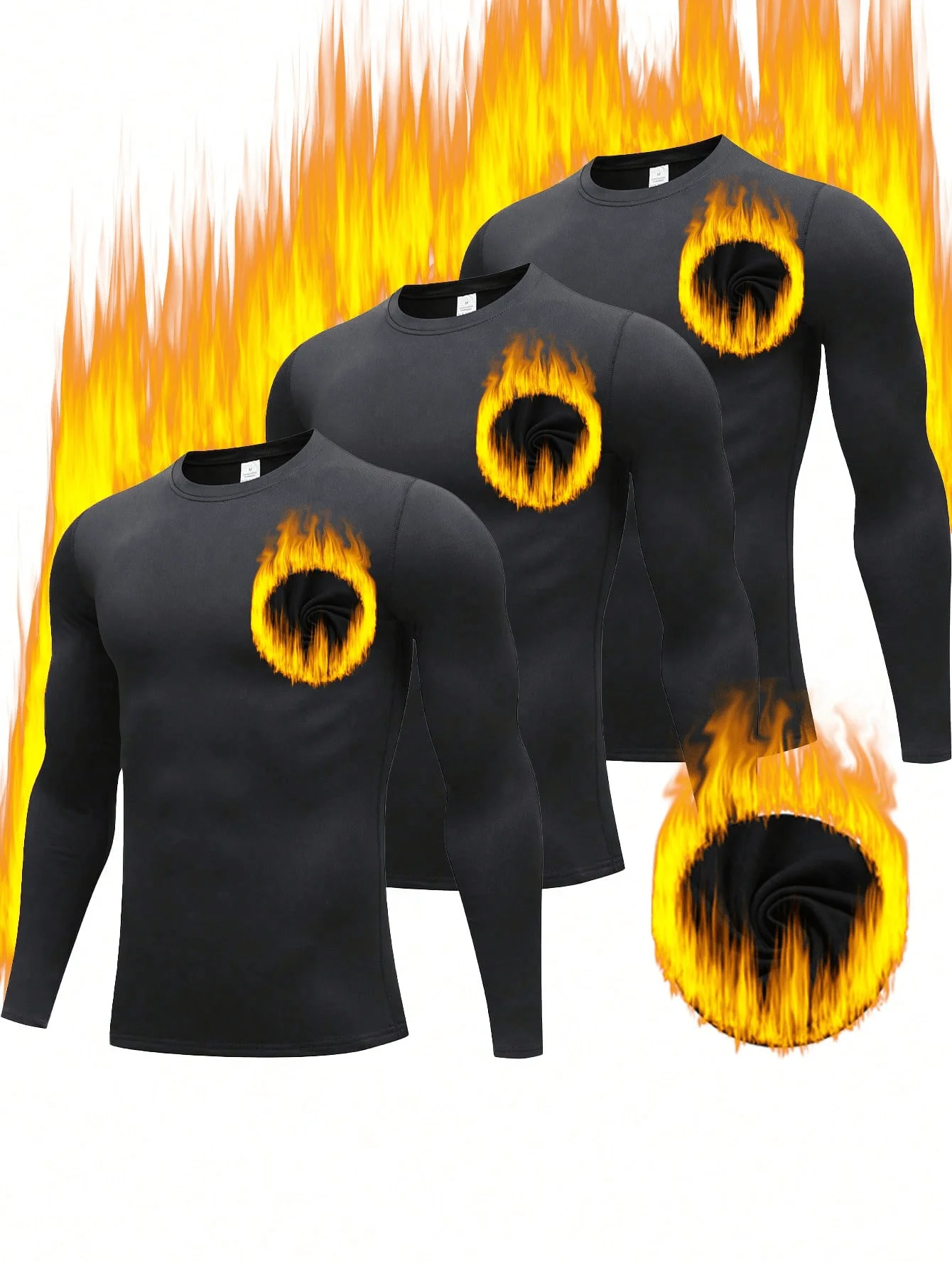 

3-Pack Men's Black Long Sleeve Thermal Tops with Flame Graphic Design