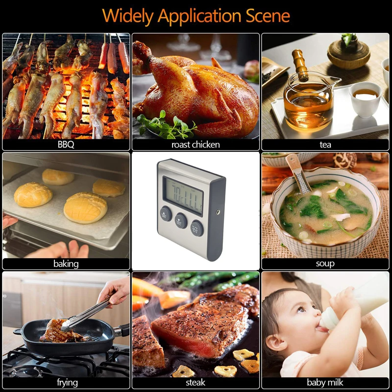 Digital Kitchen Cooking Thermometer Meat Food Temperature for Oven BBQ Grill Timer Function with Probe Heat Meter for Cooking