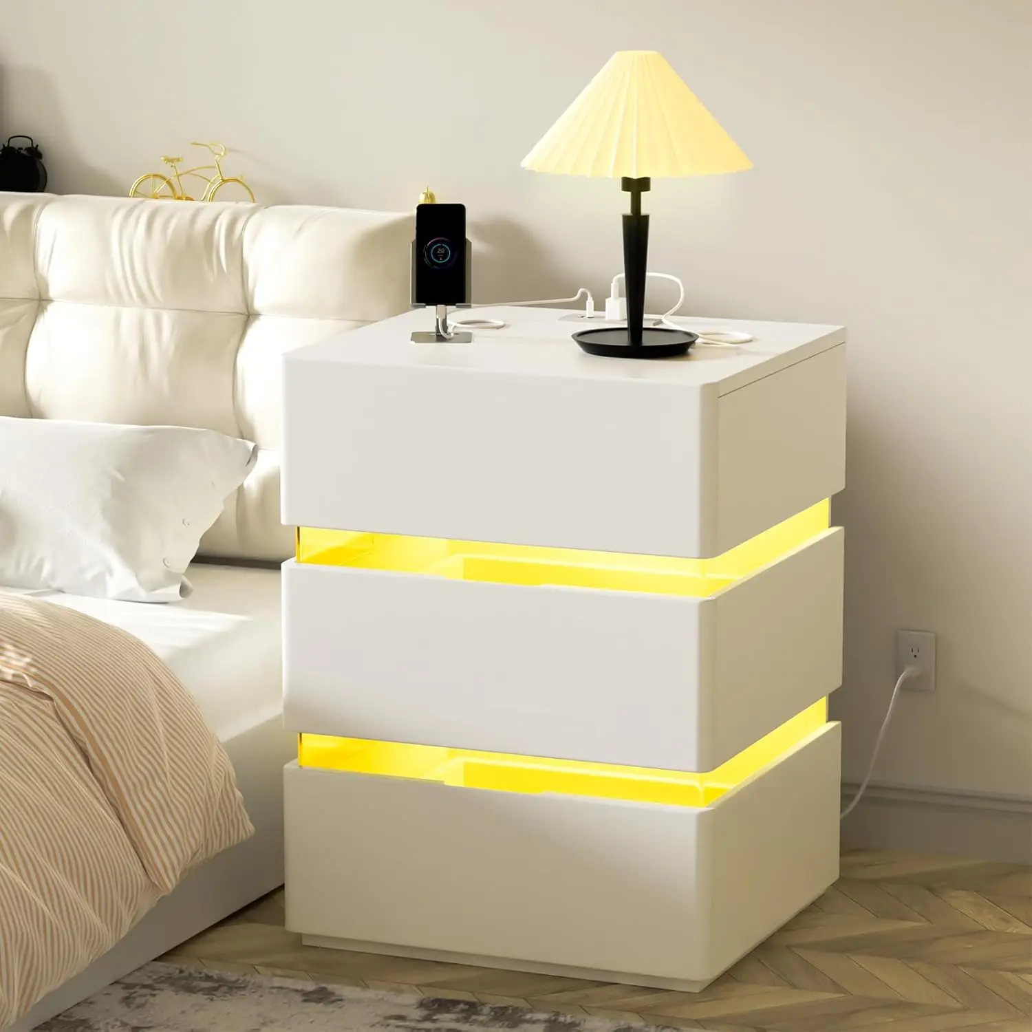 Branco LED Nightstand com Carregamento Estação, Conjunto de 2