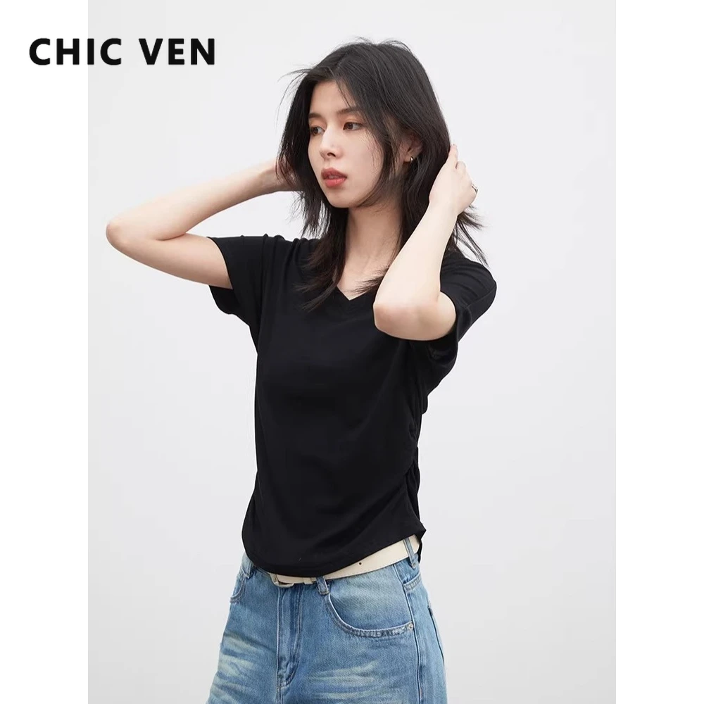 

CHIC VEN Korean Women T-Shirts New Solid Slim V-neck Pleated Waist Female Tees Short Sleeved Pullover Spring Summer 2026