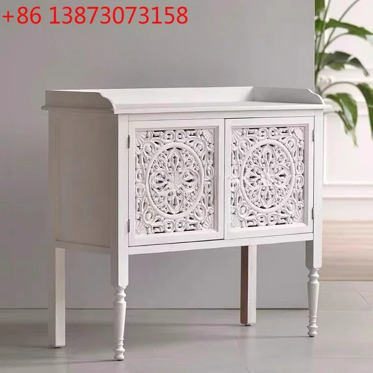 

02European American rural idyllic white wood carved porch low dining side cabinet