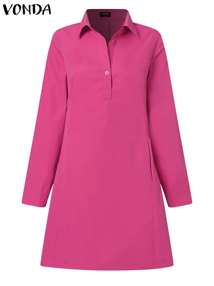 VONDA-Robe courte à manches longues pour femmes, chemise d'été élégante, couleur unie, mini robe d'été décontractée, boutons et poches, 2024