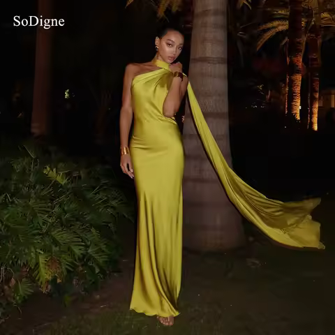 SoDigne Elegant Satin Evening Dresses Halter Ribbons Backless Party Dress Mermaid Formal Occasions Prom Gowns Customized