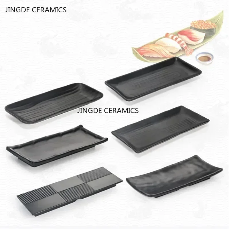 Non-breakable Melamine Tableware Black Sushi Barbecue Plate Japanese Plastic Strip-shaped Dinner Plates Kitchen Accessories