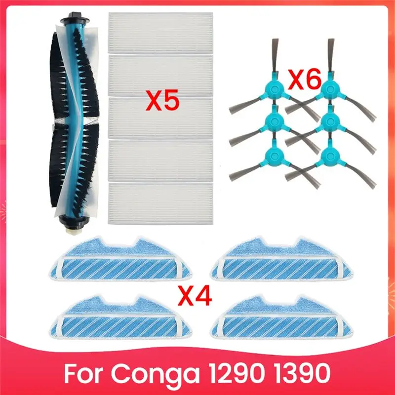 

Запасные части для робота-пылесоса Conga 1290 1390: основная щетка, боковая щетка, HEPA-фильтр, салфетка для влажной уборки.