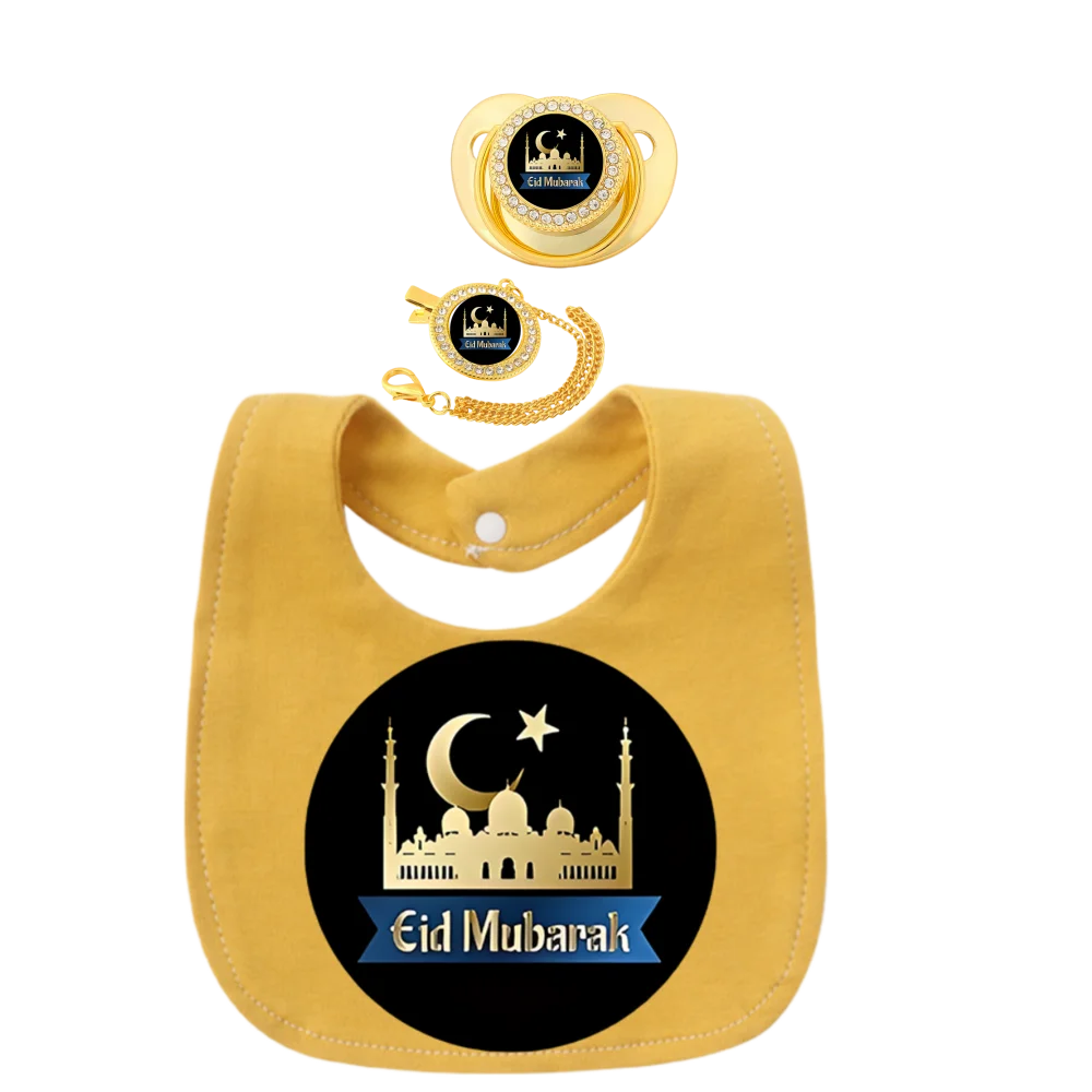 Muslim Newborn Pacifier BPA Free with Baby Chain Clip Toddler Bandana Bib 3Pcs Set Arabic Print Soother Dummy Silicone 0-18M Boy