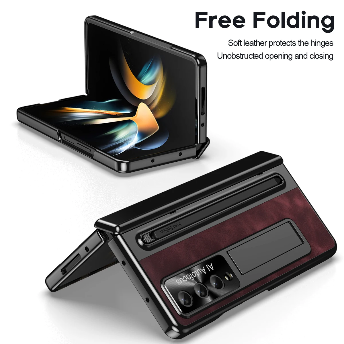 Retro Leather Folding Stand Phone Case for Samsung Galaxy Fold 6 5 4 Electroplated Official Pen Matching Holder Fold Phone Cover