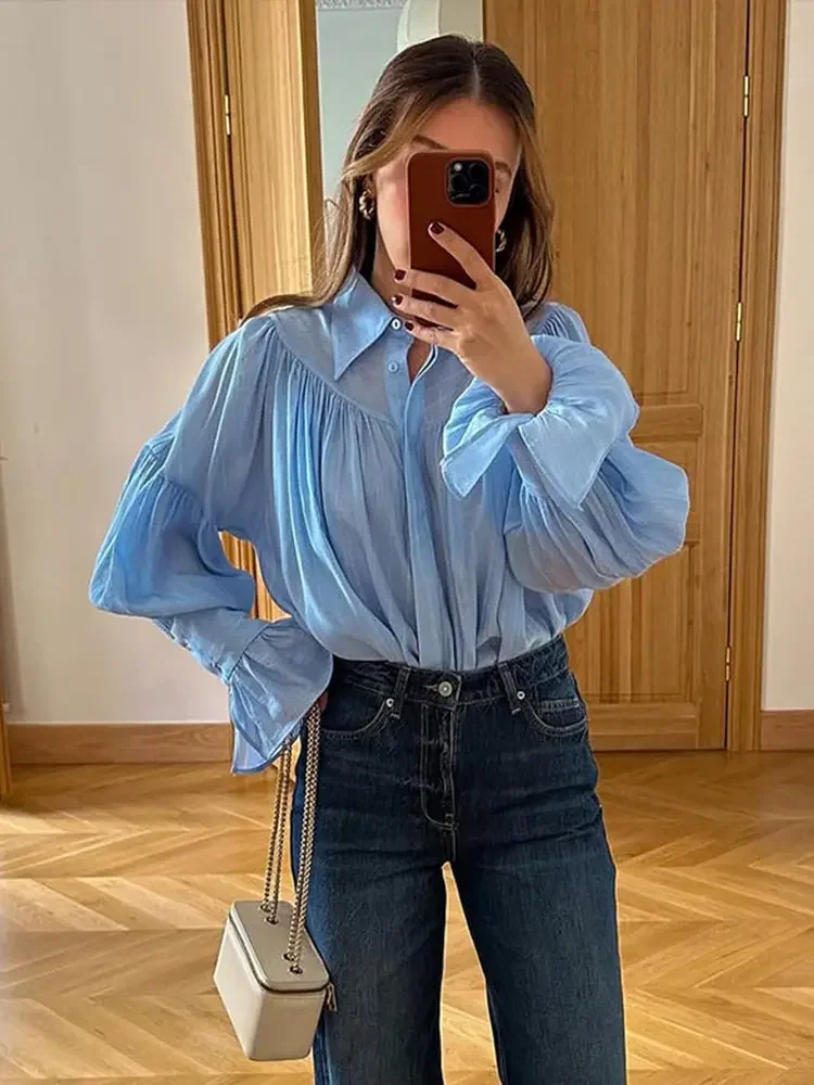 Autumn Women's Fashionable Loose Collared Shirt Office Lady Solid Color Versatile Flare sleeve Top Long Sleeved Shirt