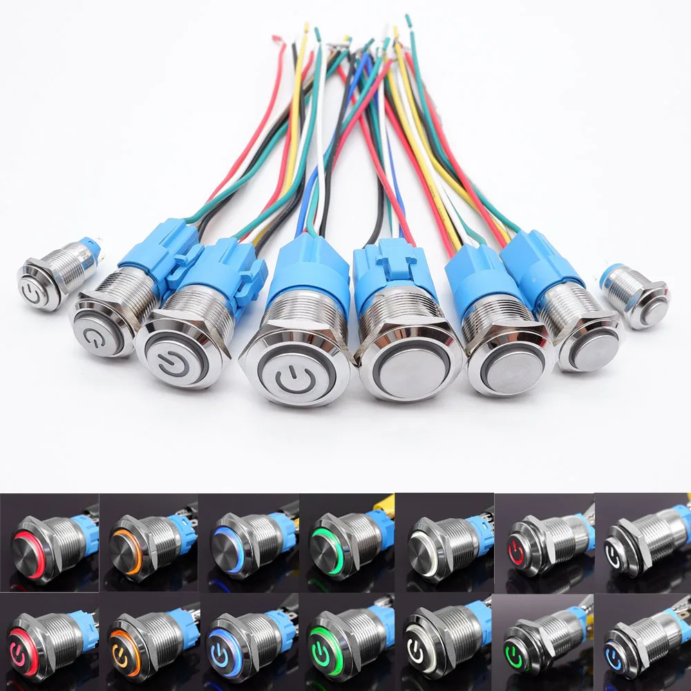 12mm 16mm 19mm 22mm Metalowy przełącznik przyciskowy Wodoodporny 1NO1NC Start Stop LED Światło Czerwony Pomarańczowy Niebieski Zielony Biały 3v 12v 24v 220v — zdjęcie 3