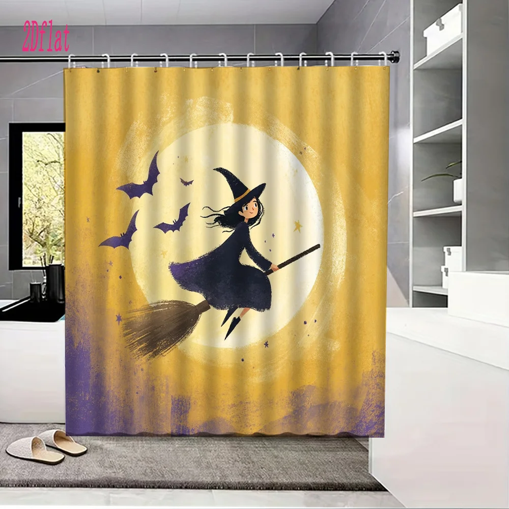 Enchanting Witch Flying on Broomstick Bathroom Shower Curtain Halloween Magic Decor Rod Pocket Blackout Curtains
