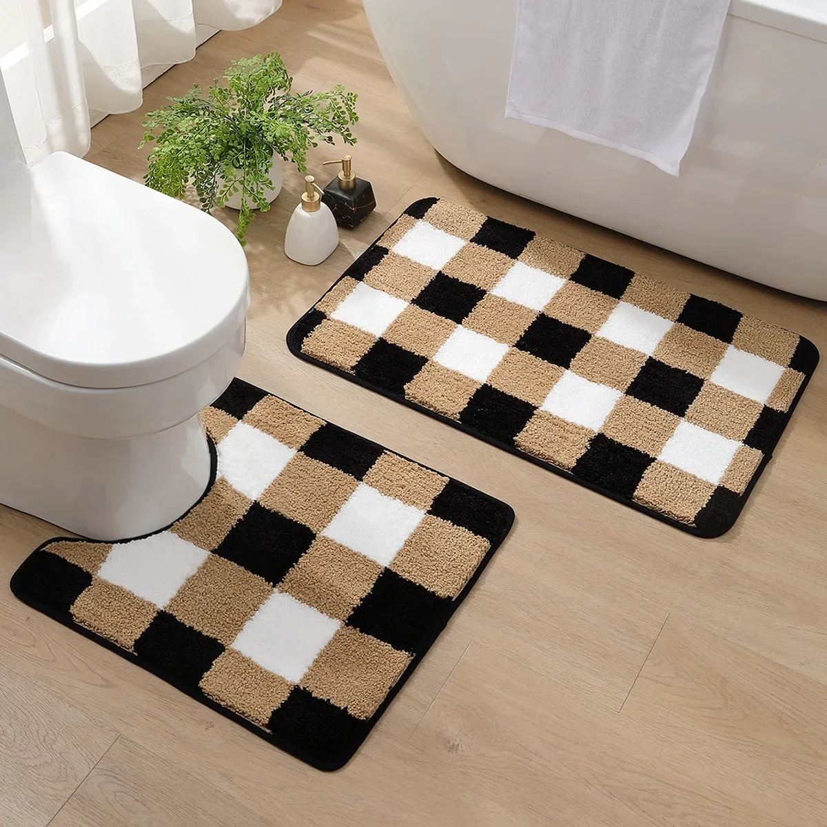 ‌-プレミアム植毛マイクロファイバーバスマットセット-超厚みのあるトイレフットマット、超吸収性と速乾性、滑り止めバスルームラグ