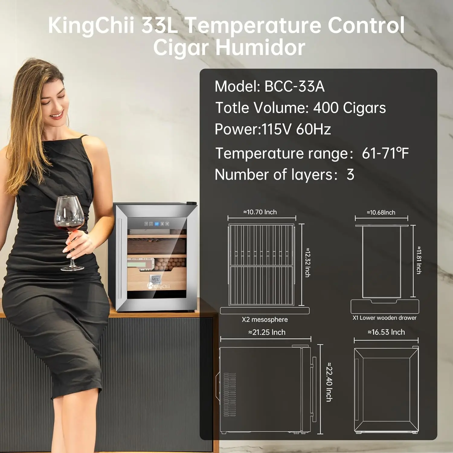 KingChii 25L  Cigar Humidors Temperature Control System, Cooling & Heating Humidor Cabinet with Spanish Cedar
