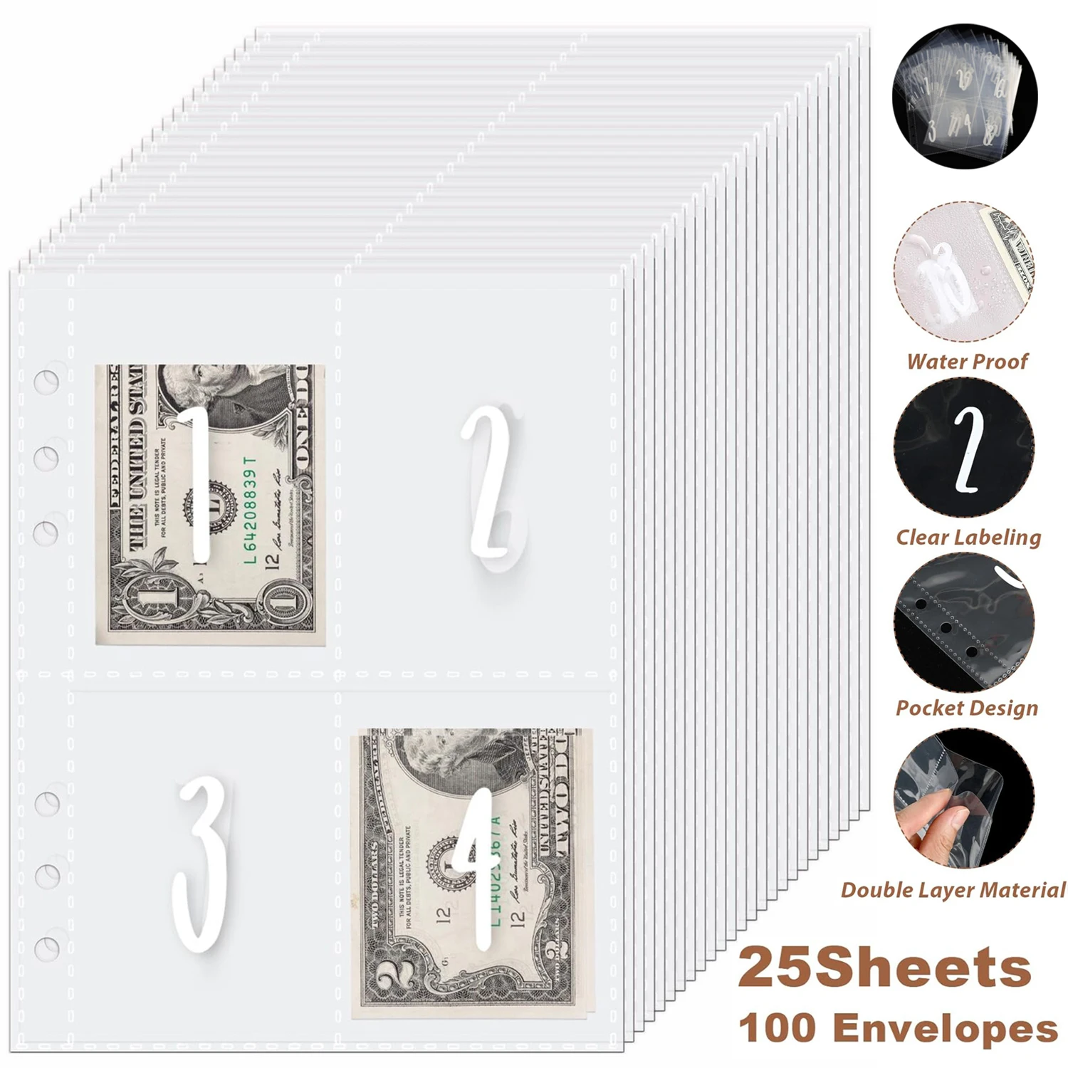 

100 Envelopes Money Saving Challenge A5 Budget Binder Inserts 25 Sheets Pre-Printed 1-100 Cash Stuffing Envelopes Money Pouches