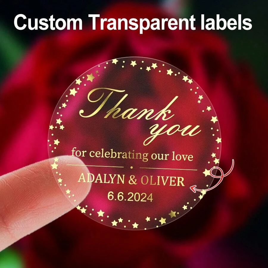 4CM Custom Transparent Waterproof Labels With Golden Stars For Weddings, Personalized Round Thank You Seals For Bridal Showers