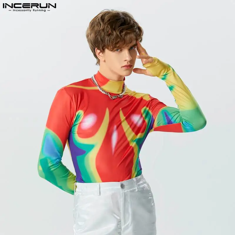 INCERUN Sexy Men's Jumpsuits Colorful Tie Dye Print Rompers Stylish Half High Neck Thimble Long Sleeve Triangle Bodysuits S-5XL