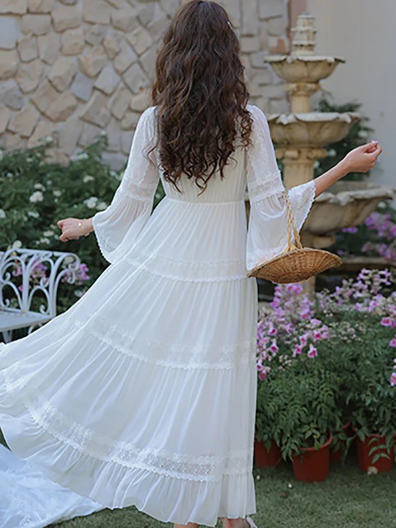 Women White Ruffles Flare Sleeve V-Neck Vintage Princess Nightgowns Pajama Nighty Dress French Gown Female Victorian Sleepwear