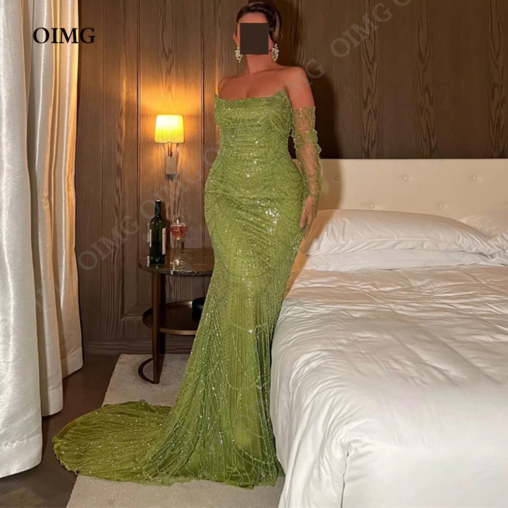 OIMG Green Beads Sequin Long Prom Dress Mermaid Arabic Shiny Long Formal Evening Party Gowns For Women Floor Length 2024