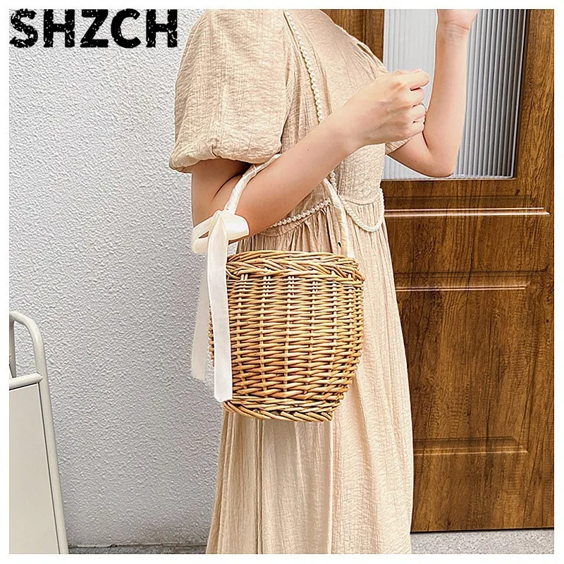 Retro Handmade Bamboo Rattan Woven Straw Bucket Tote Handbag with Flap Cover Beach Barrel Bag