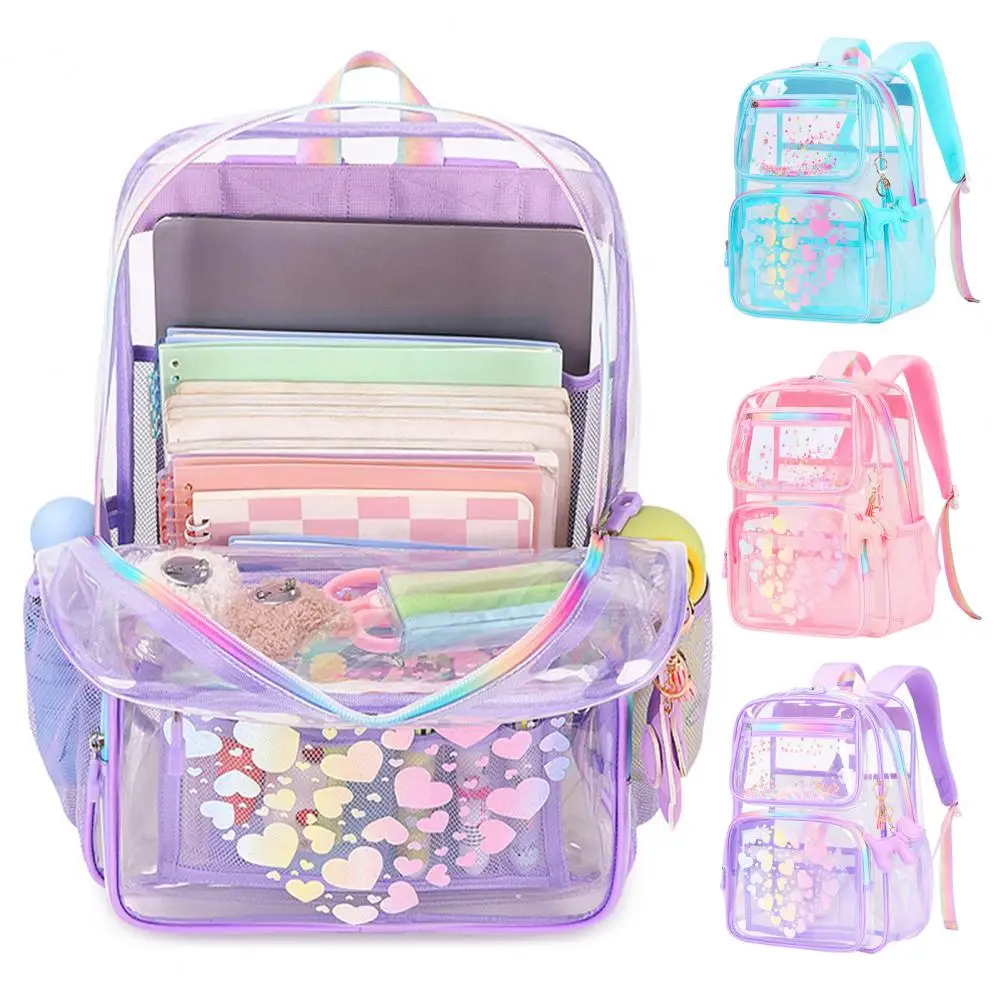 Transparent Backpack for School Waterproof Backpack with Love Heart Prints Main Compartment Front Zipper for Boys for Students