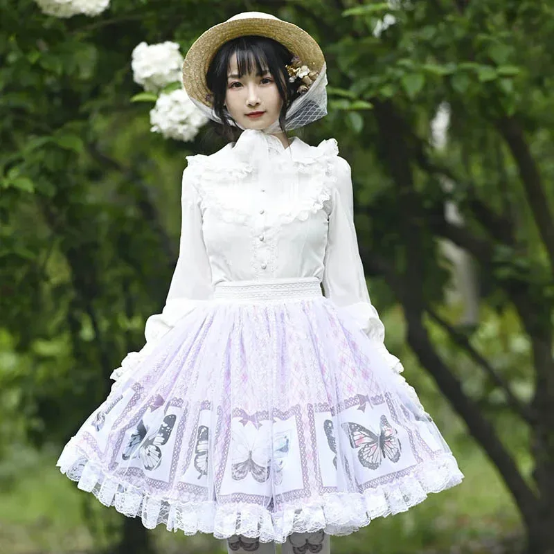 Ainclu الأصلي اليابانية لولي فتاة ناعمة الأرجواني الحلو فراشة طباعة الدانتيل شبكة مطوي لوليتا تنورة sk؛ m1