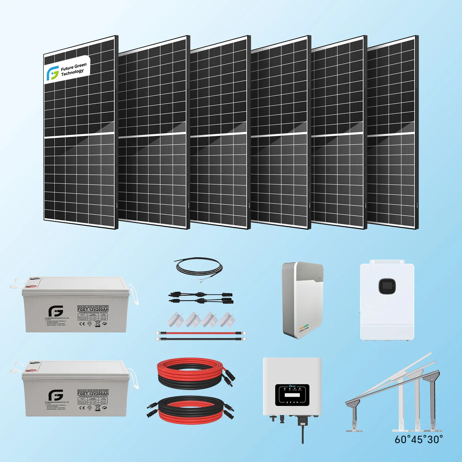 Sistema de energía Solar híbrido de 12 KW, inversor dividido de montaje en techo fuera de la red para el hogar, batería de plomo y ácido de iones de litio de 12KW, 5KW y 3KW