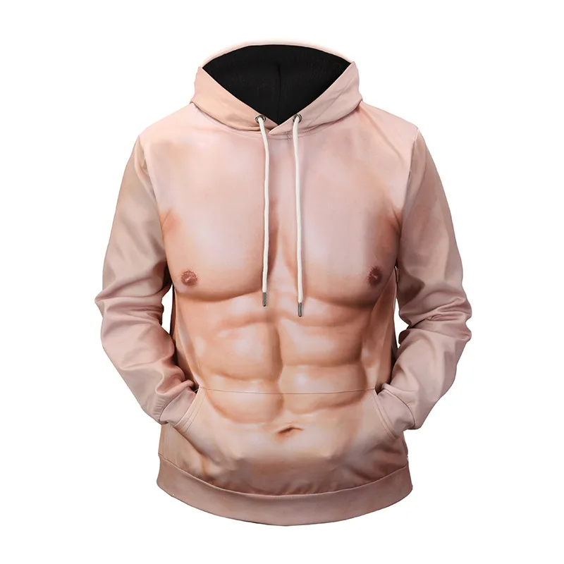 

Hooded 3D Printed Flesh Colored Muscular Mens Long Sleeved Fitness and Sports Warm Creative Hoodie Outerwear