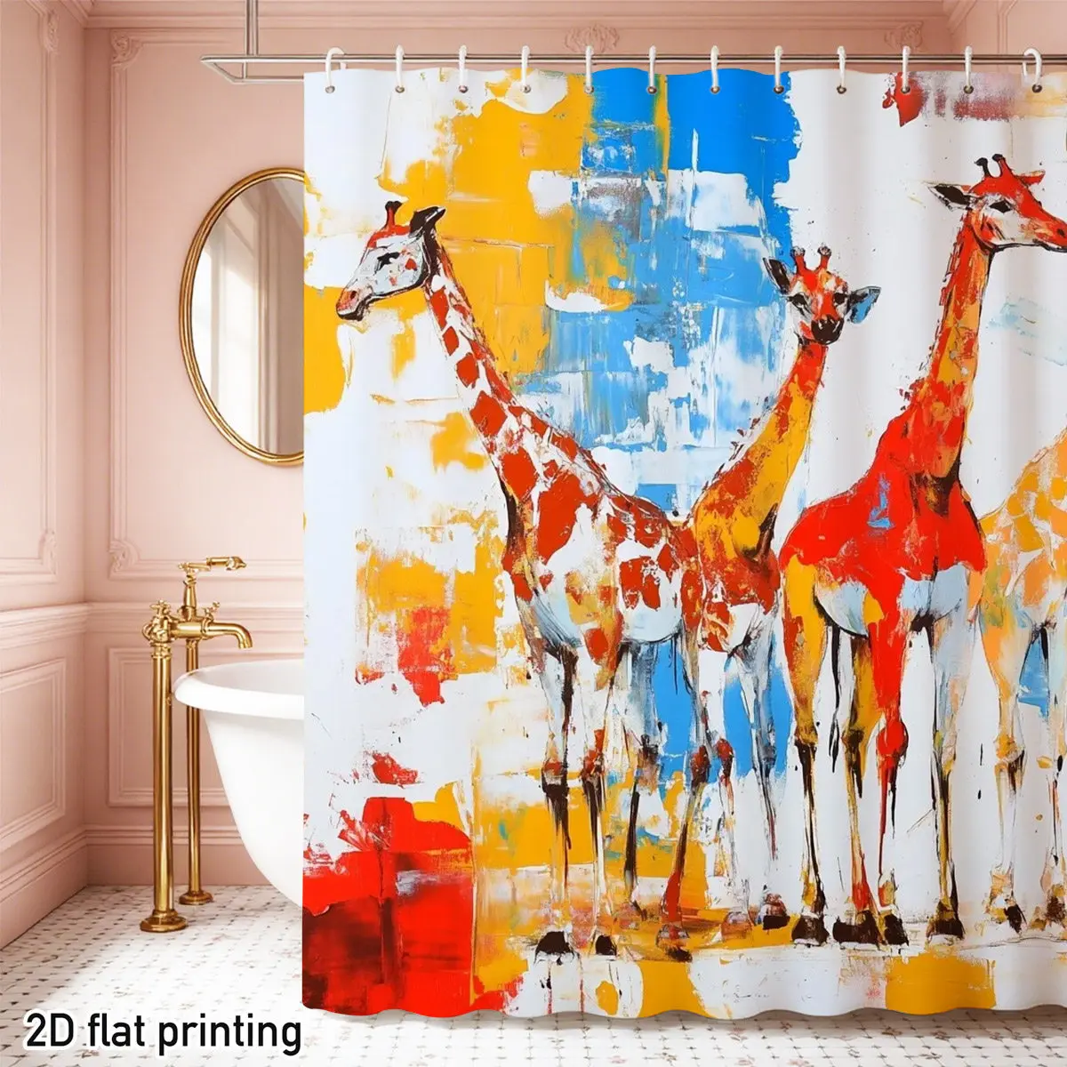 

Vibrant Giraffe Family Abstract Shower Curtain Waterproof Safari Bathroom Decoration Pop Art Animal Print