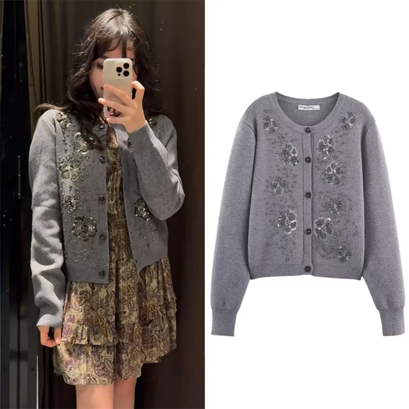 

Женский осенний новый модный вязаный кардиган с бисером и винтажными пуговицами, куртка с длинными рукавами для верхней одежды