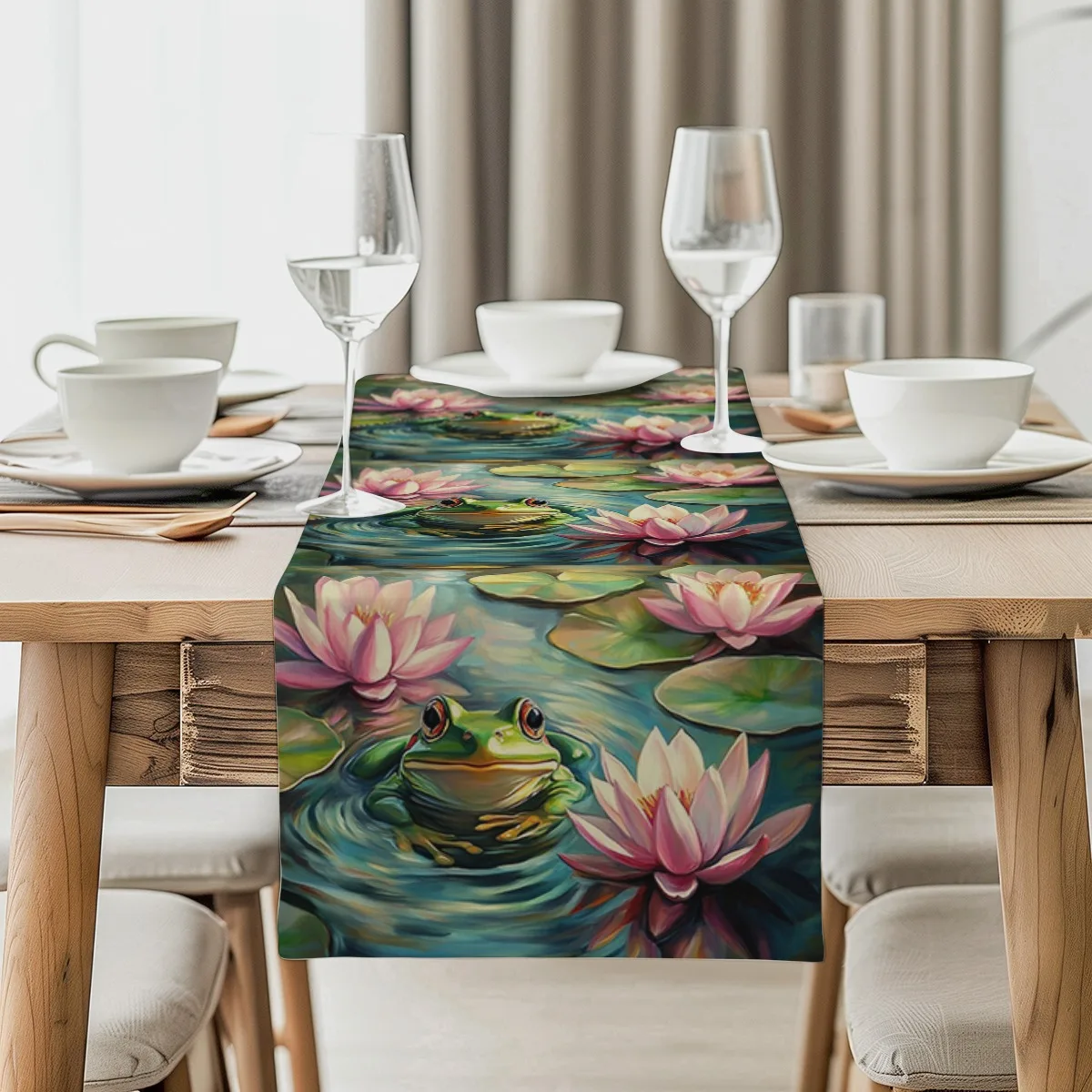 print table runner Summer Lotus Impressionism Long cloth Party Decor,Tabletop Protection,Dresser Scarf,Decorative Runner