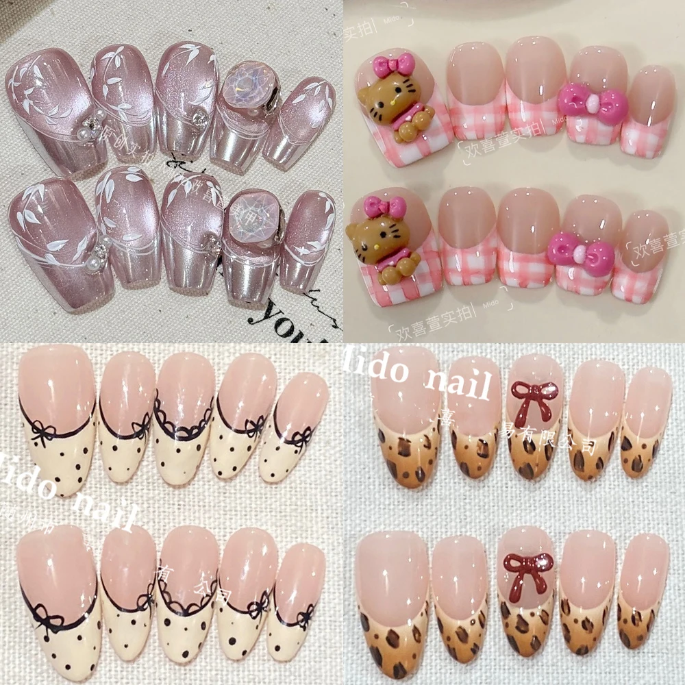 Handmade Short Kawaii Almond Square Full Cover Wearable Fake Nails Hello Kitty Rose Cat Eyes Rhinestones Nail Party Sticker Gift