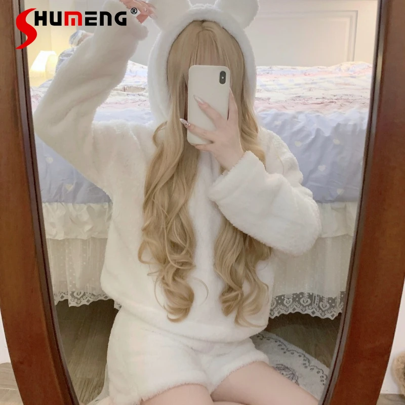 

Autumn Winter Top Shorts Homewear Set Women Cute Hooded Fleece Lined Pajamas Female Japanese Thickened Outerwear Suits