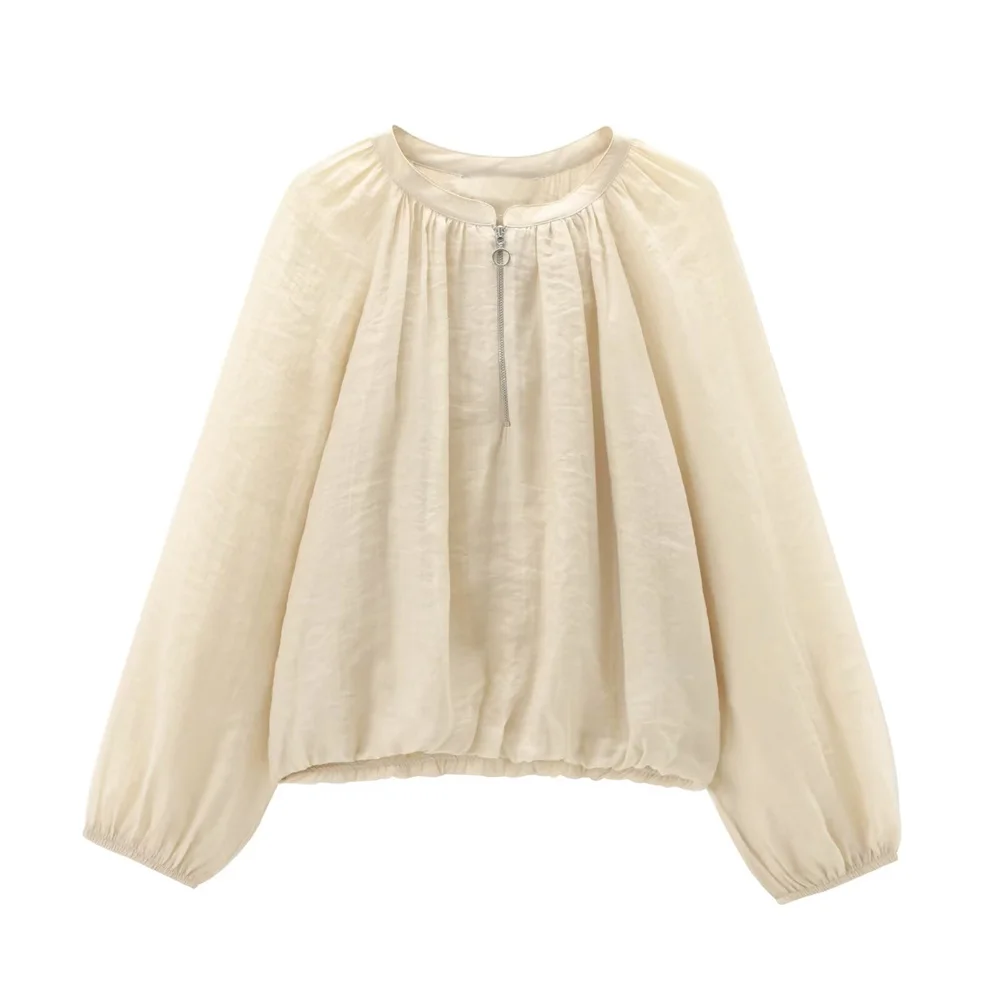 

Осенний новый продукт, женская модная повседневная свободная рубашка с круглым вырезом и молнией, декоративная рубашка с длинным рукавом