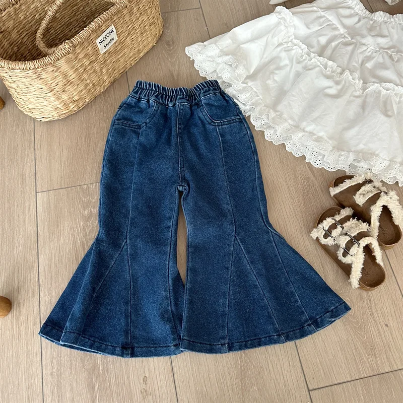 

Kids Girls Fashion Denim Flare Pants High Waist Solid Deep Blue Big Boots Cut Jeans 1-6Y Children Autumn New Outfits Trouser
