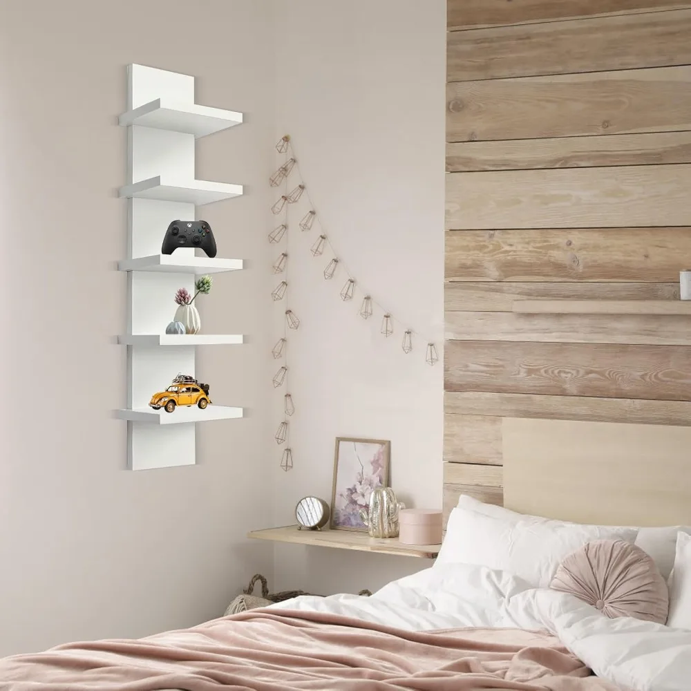 

2 Pack 5 Tier Wall Shelf Unit - Narrow Smooth Laminate Finish - Vertical Column Wall Decor Mount Floating Storage Home Decor