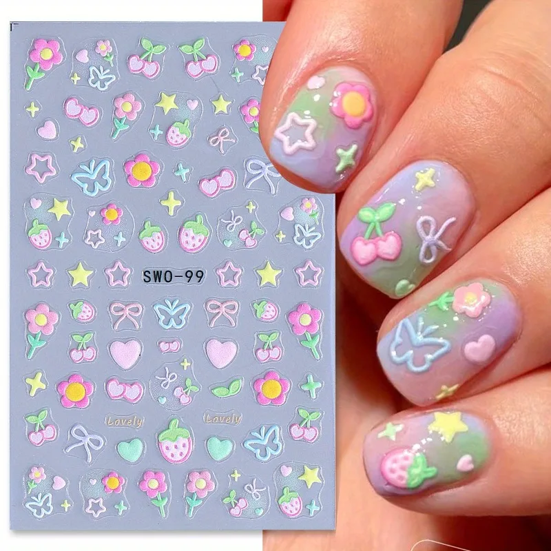 Sweet Element 3D Matte Nail Art Stickers - Kawaii Cherry Strawberry Star Heart Bow Butterfly Floral Designs
