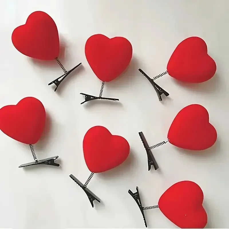 5/20Pcs Flocked Red Heart Hair Clips Women Valentine's Day Funny Coil Spring Mini Duck Bill Hairpin Children Hair Barrettes Gift