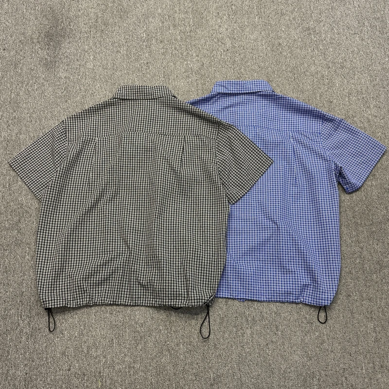 Hem Drawstring Plaid Casual Shirt Summer Clothes Men Women High Street Black Blue Commuter Office Short Sleeve Shirt Blouse