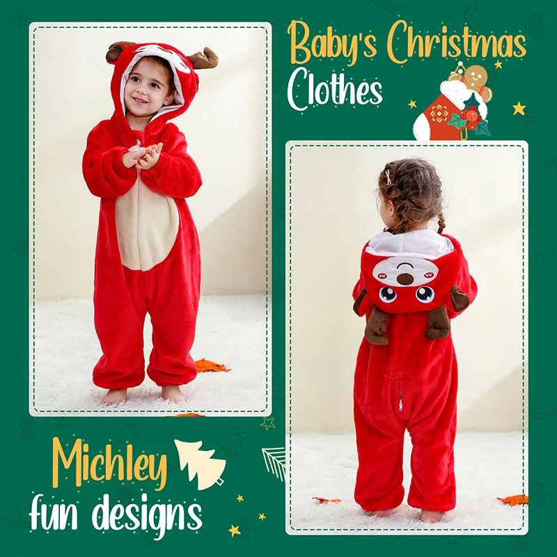 MICHLEY Christmas Elk Baby Rompers Flannel Cosplay Toddler Infant Cute Clothes Overall Bodysuits Jumpsuit Costume For Girls Boys