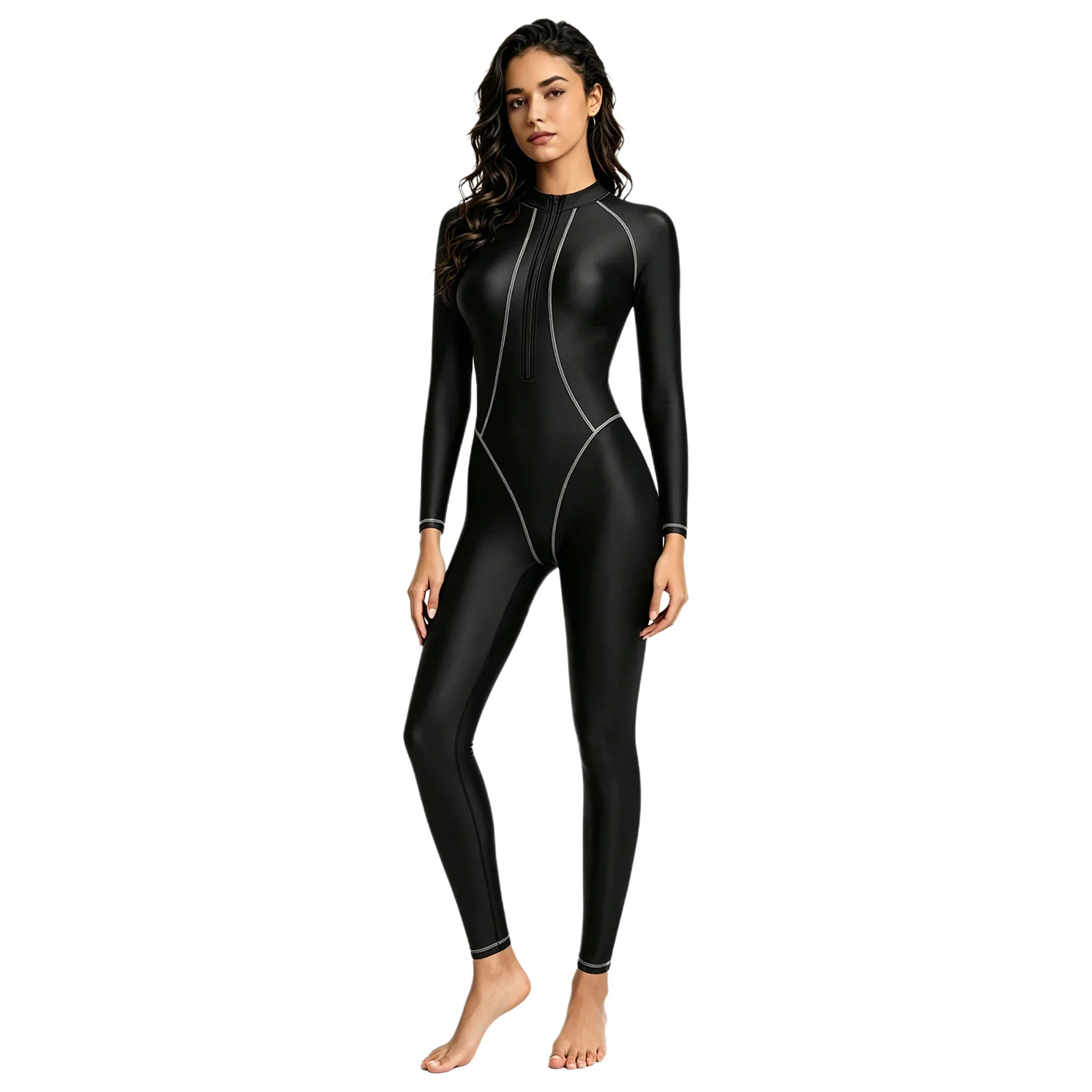 Damen Rash Guard Badeanzug Glänzender Jumpsuit Neoprenanzug Bademode Einteiliger Ganzkörper-Badeanzug Lange Ärmel Lange Hosen – Detail 8