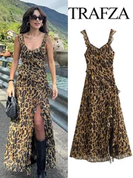 TRAFZA 2024 Woman Chic V-Neck Sleeveless Backless Slim Beach Party Dress Women Summer Vintage Leopard Fold Print Long Dress