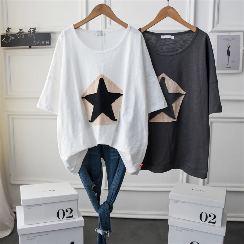 

Cotton Patchwork Star Women T-Shirts Summer Vintage Loose O-Neck Casual All Match Female Pulls Tops Tees