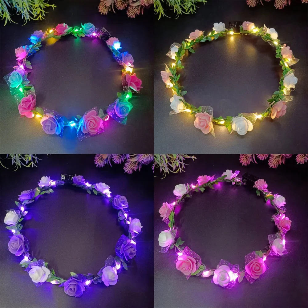 LED Light Flower Crown Headband Wreath Garland Decoration Women Girl Wedding Party Birthday Favor Luminous Hair Garland Hairband