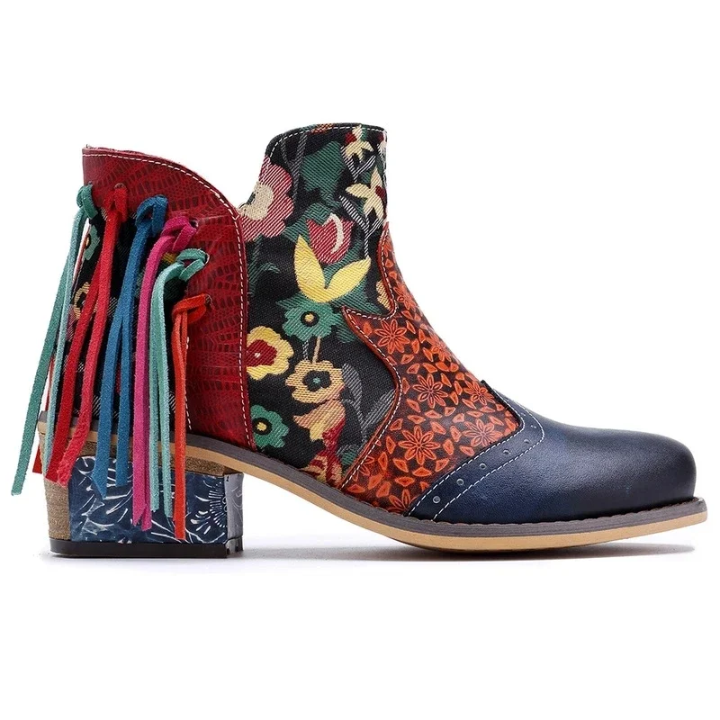 Bohemian Ankle Boots Women Shoes Genuine Leather Retro Printed Zip Block High Heels Ladies Shoes Boats Mujer women boots